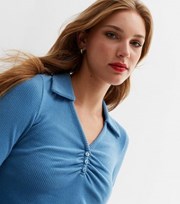 New Look Blue Fine Knit Ruched Front Collared Polo Top